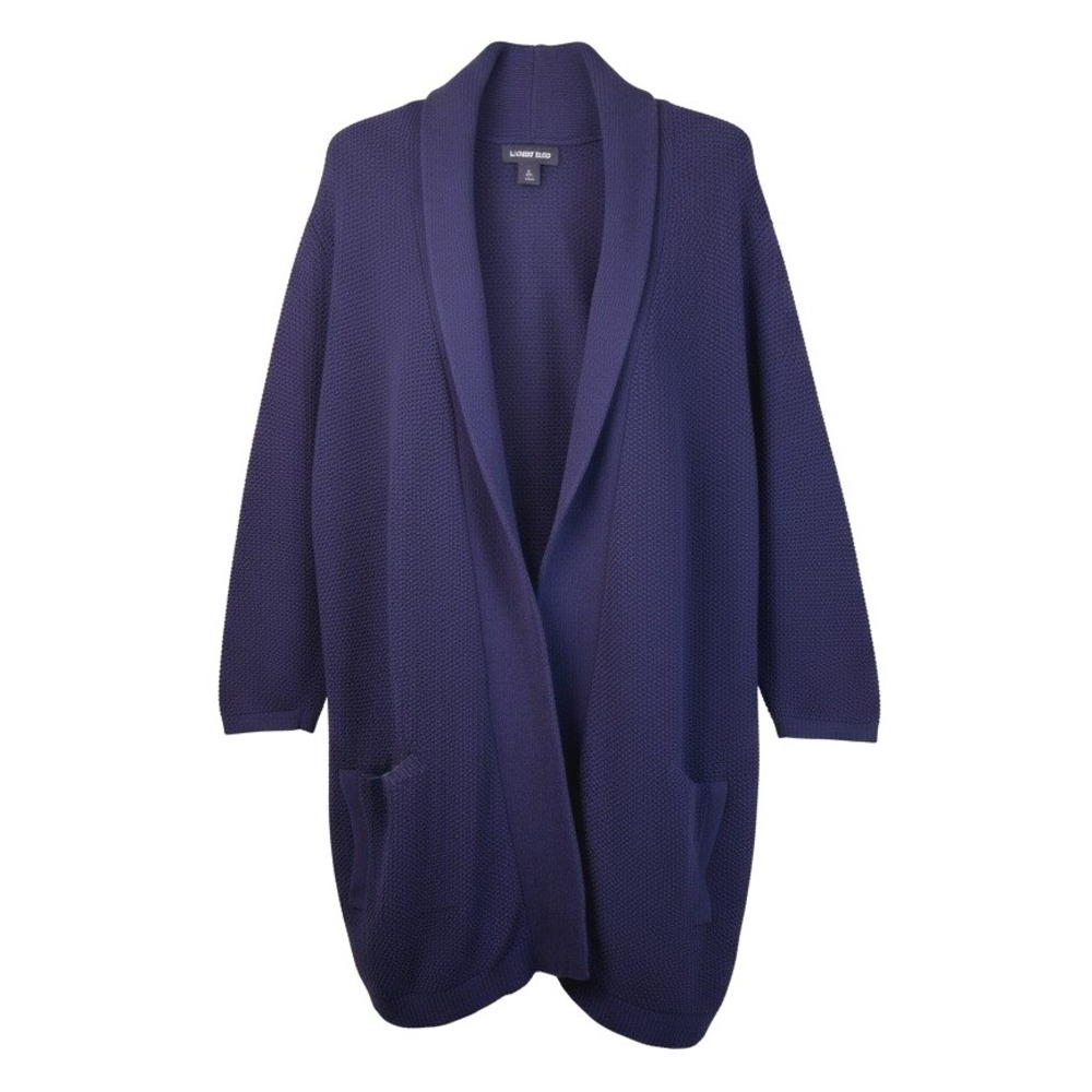 Lands End Cardigan Sweater Size L 14-16 Women's Navy Blue Shawl Collar